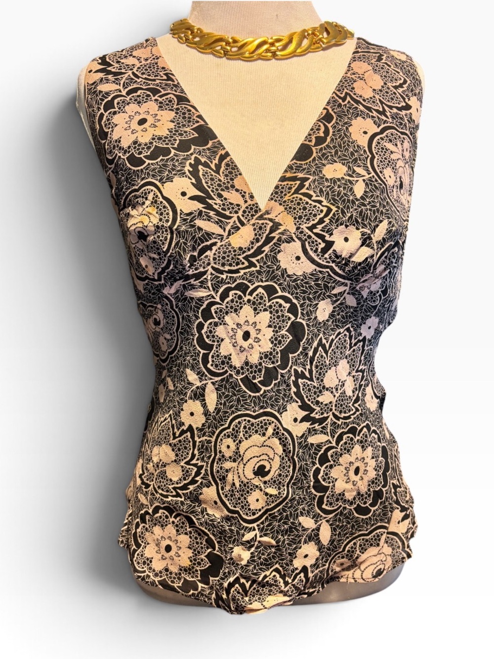 Laundry By Shelli Segal Silk Beige and Black Floral V-Neck Tank